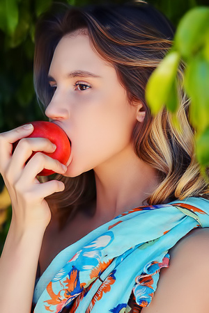 Mia Bloom Her Dark Eyes Full Of Passion As She Reclines On A Bench Under A Shady Tree